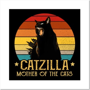 Catzilla Mother Of The Cats Retro Vintage Sunset Posters and Art